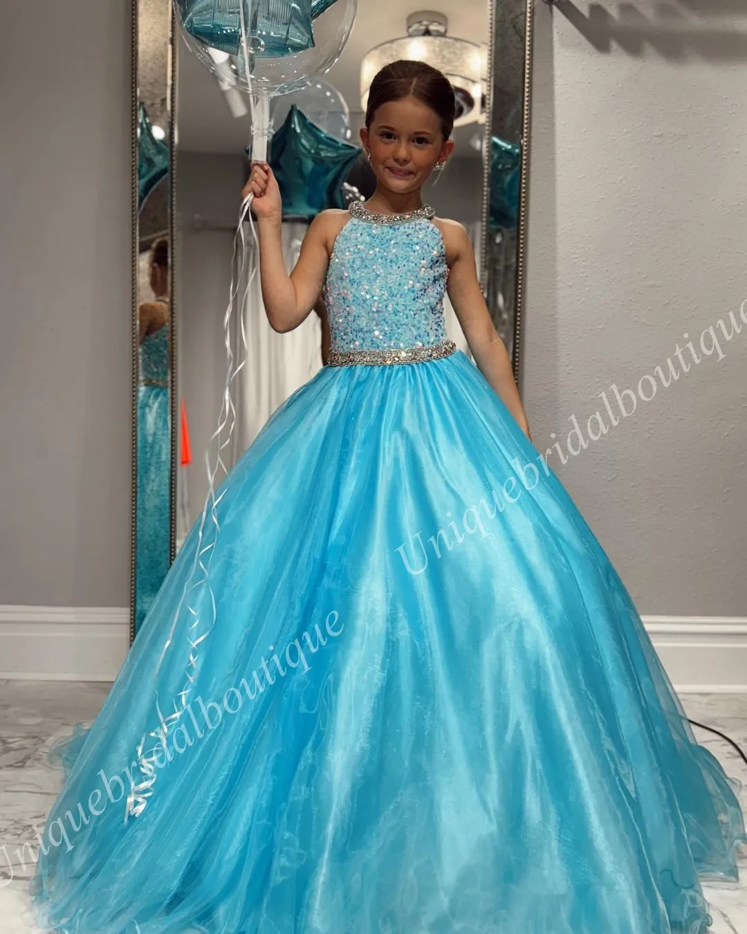 Aqua Crystal Shimmer Sequin Velvet Girl Pageant Dress 2024 Ball Gown Birthday Formal Party Toddler Teens Preteen Junior Miss