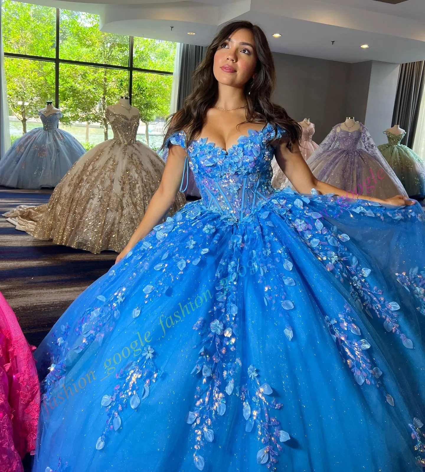 blue ombre quince dress Off-Shoulder 3D Floral Sequin Applique butterfly quinceanera with Sparkling Tulle Ball light blue bridal heels Sky Blue Size:IT 52 Isabel by Ingrid &