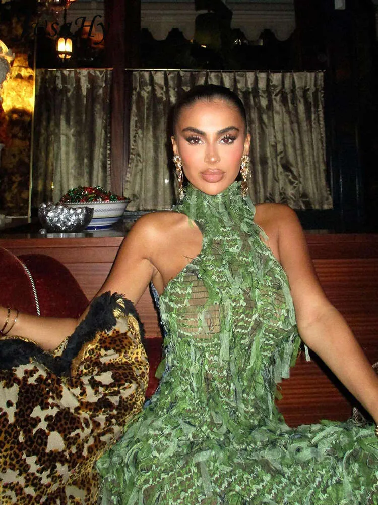 Jusahy Women's Y2K Halter Maxi Dress with Backless Hollow Out Patchwork  Lace-Up Detail  Green Vacation Party Dress