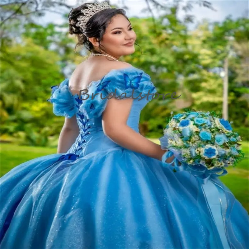 水色オフショルダードレス ティアラ付き シンデレラ