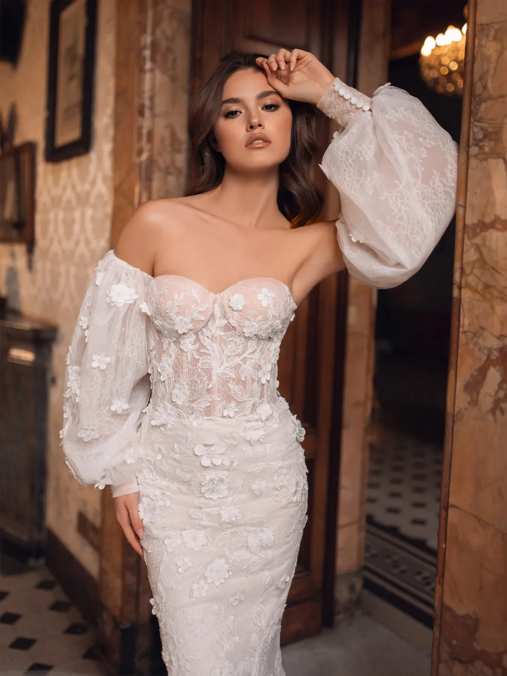 Off-Shoulder sequin mermaid wedding dress with Lantern Sleeves, Shiny Lace, and 3D Flower Appliques