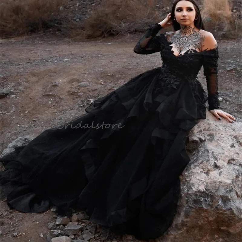 Gothic Style Wedding Dresses: Elegant Black Off Shoulder Ruffled Bridal ...