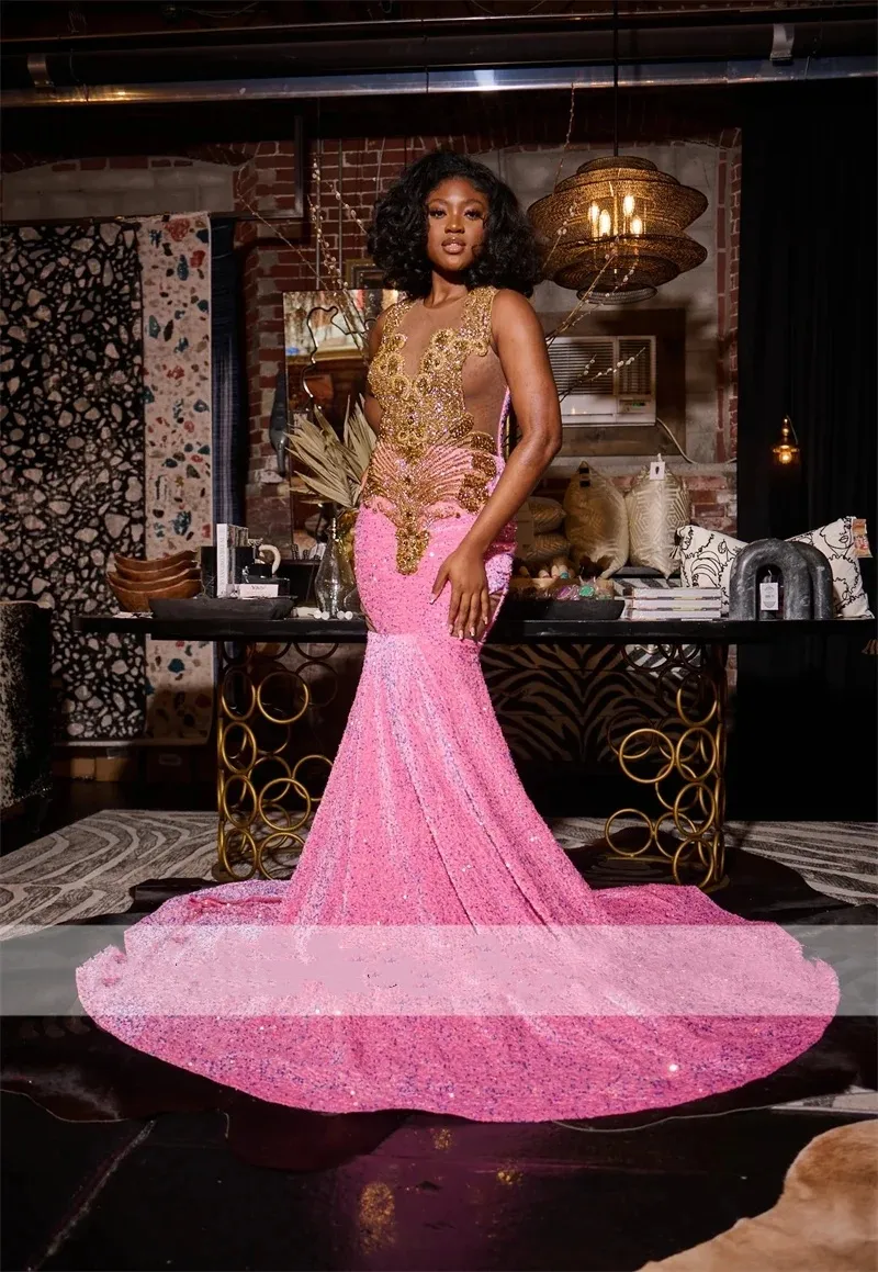 Sparkling Glitter Pink Mermaid sparkly Mermaid prom dress for Black Girls with Gold Crystal Rhinestones and Beading - Perfect for Birthday Parties and
