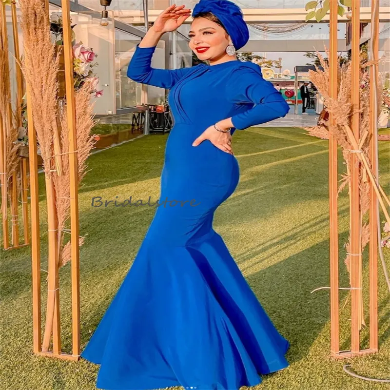 Royal Blue Mermaid Royal Blue evening gowns with Long Sleeves and O-Neckline - Elegant Arabic Prom Gown for Formal Ceremony and Parties - para Mujer