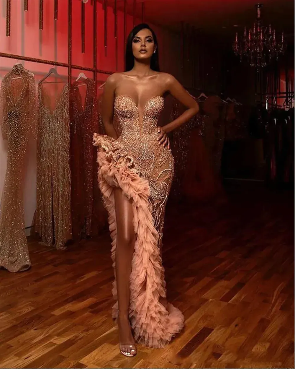 chinese dress ladies Cheap Mermaid Strapless Coral Sequins Long Prom Dresses, Evening Party –  Musebridals main image 1