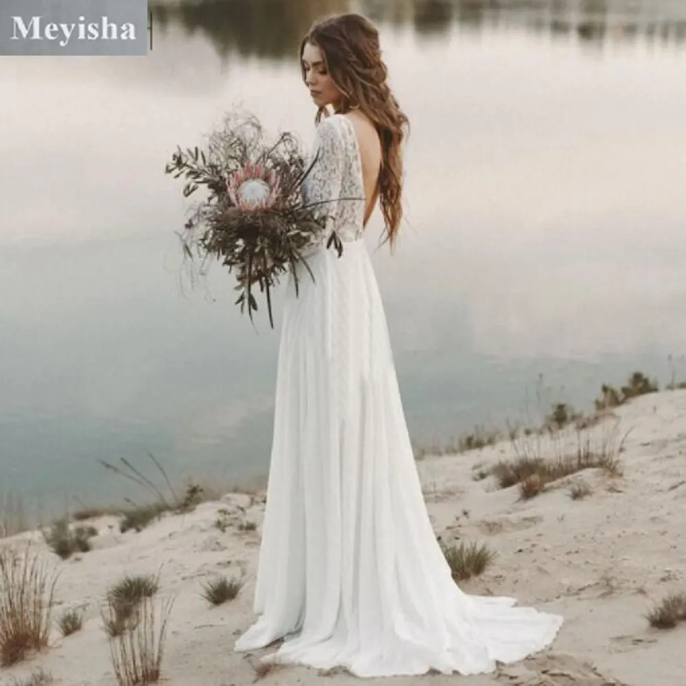 Boho Beach Wedding first communion dress - Elegant Long Sleeves, V-Neck, Open Back, Lace Chiffon - Women's Bridal Gown (ZJ6023) Boho Beach Wedding first communion dress - Elegant Long Sleeves, V-Neck, Open Back, Lace Chiffon - Women's Bridal Gown (ZJ6023)