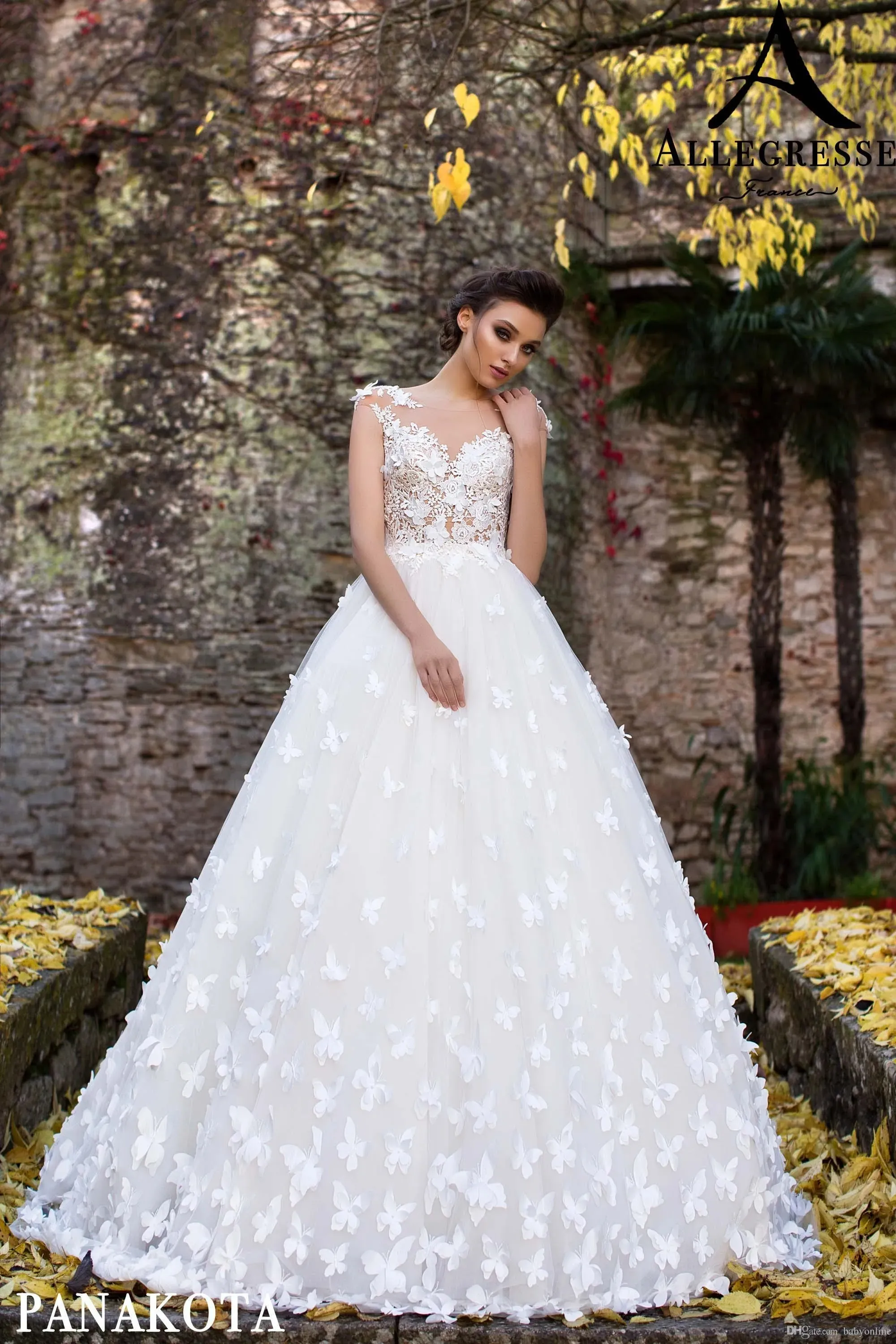 Butterflies White Tulle Applique Bridal Gown with Lace-Up Back and Jewel  Neckline from Dhgate A-Line Wedding Dresses - price 259.94