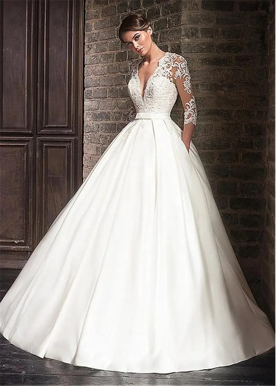 satin deep v wedding dress Fairy A Line Deep V Neck Silk Satin Long Wedding Dresses with Open Back AB082405 Anniebride