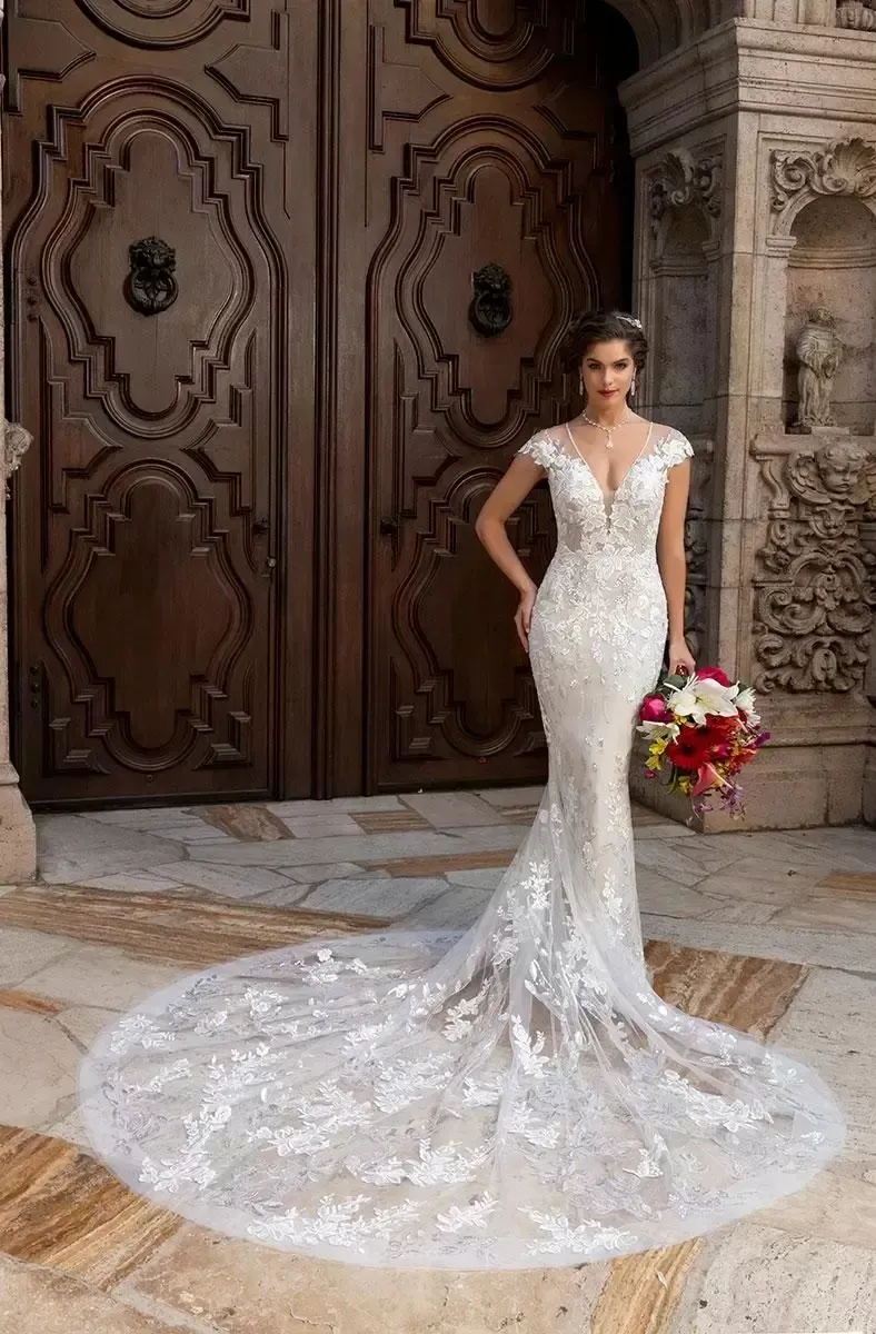 Mermaid Lace Applique Bridal Gown with Illusion Back and Sleeves - Elegant V-Neck Lace Mermaid Wedding Dress for 2022 - Vestidos de Novia yd Estidios
