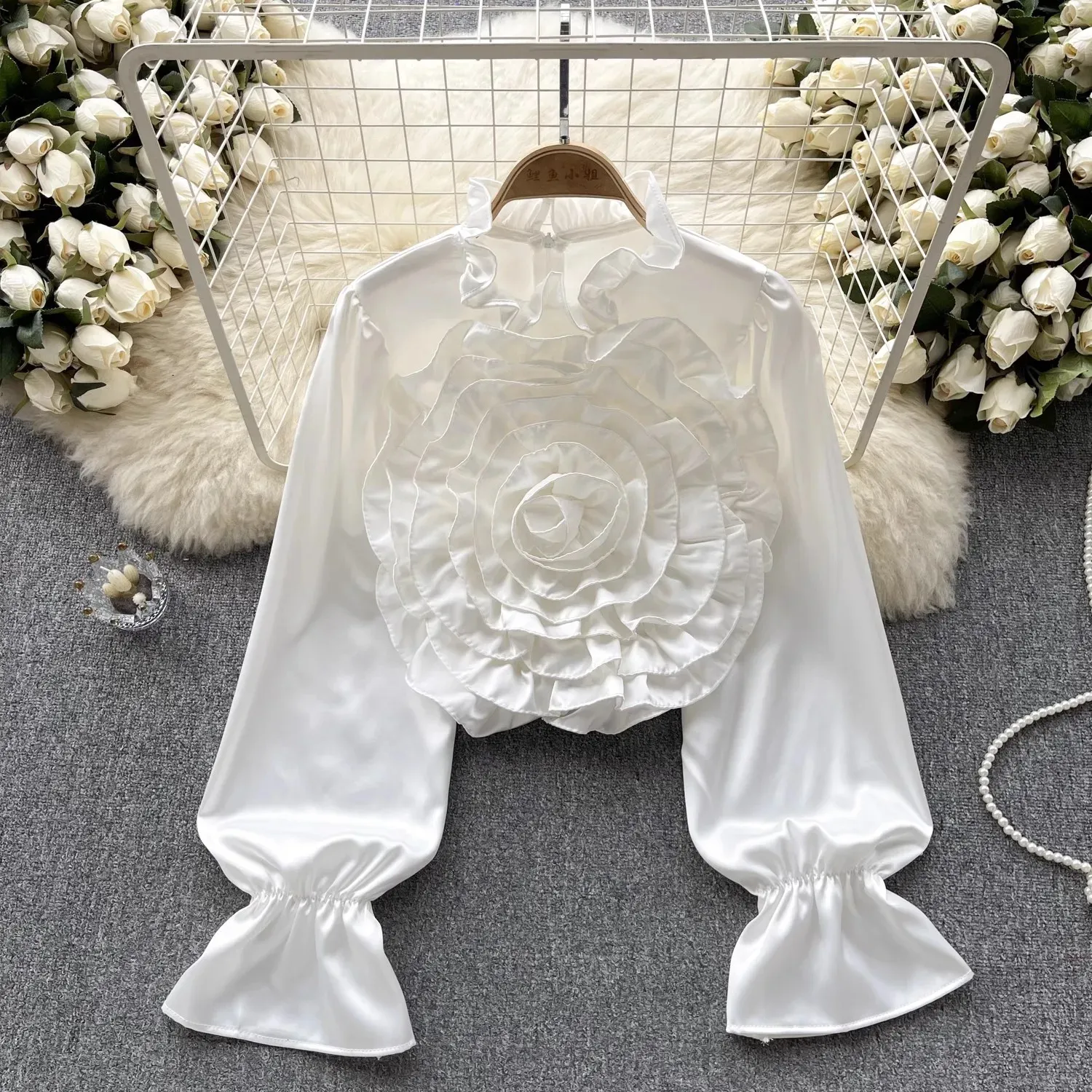 Chic Lavender Silk Floral Blouse for Women with Loose Fit and Lantern Sleeves, image size:1500x1500