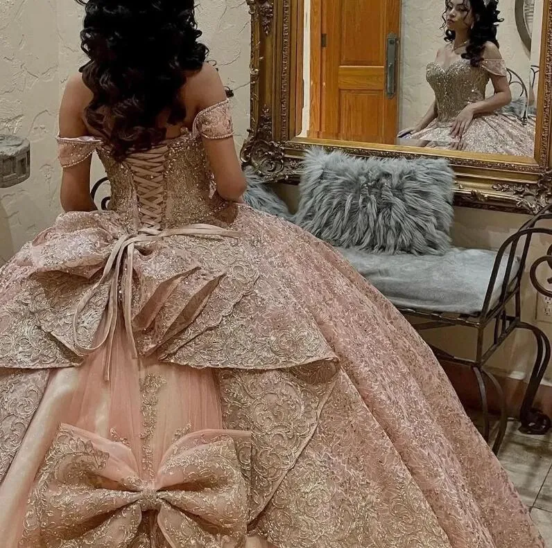 Champagne Rose Gold Off The Shoulder Ball Gown Quinceanera Dress with Lace-Up Back and Beaded Embellishments from Dhgate Quinceanera Dresses - price 595.65 Champagne Rose Gold Off The Shoulder Ball Gown Quinceanera Dress with Lace-Up Back and Beaded Embellishments from Dhgate Quinceanera Dresses - price 595.65