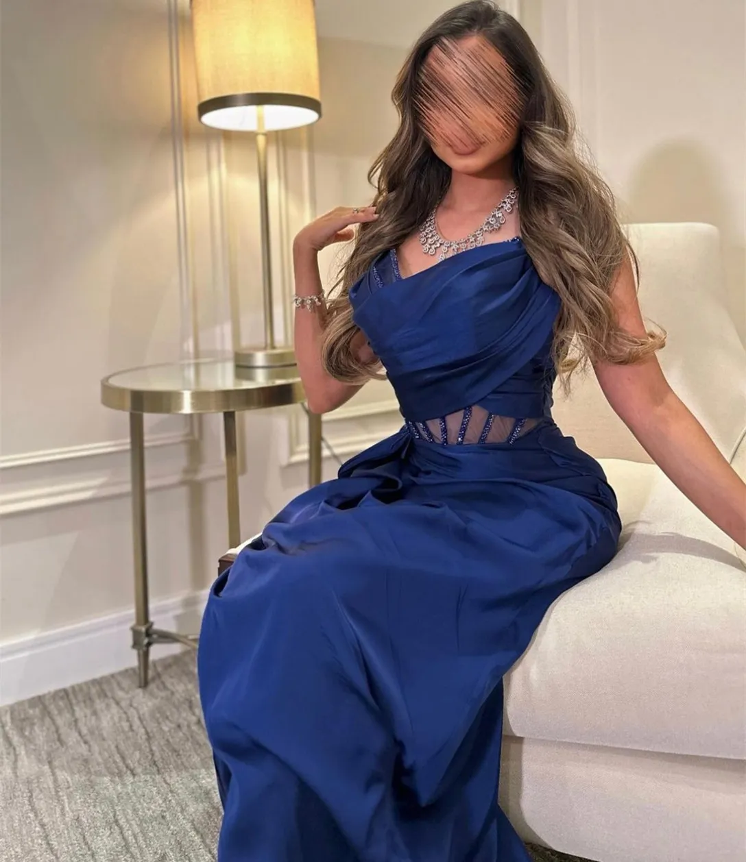 green emerald velvet dress Peacock Blue Satin High Neck Prom Dress With Lace Appliques,WP029 –  winkbridal main image 0