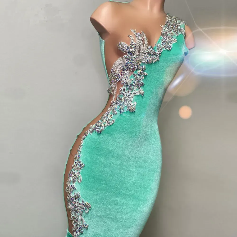Mint Green Crystal Beaded Velvet Mermaid Green Mermaid prom dress for Women - African Style Party Gown