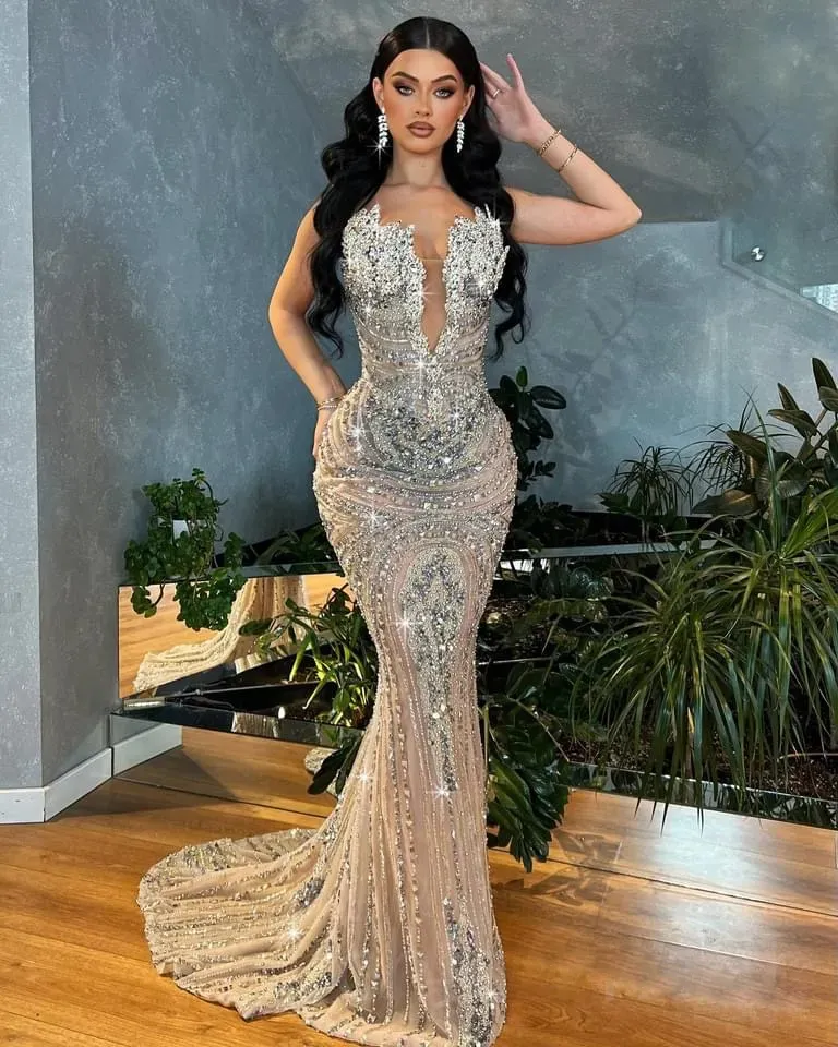Aso Ebi Luxurious Mermaid Prom Dress Beaded Crystals Illusion Evening Formal Party Second Reception Birthday Engagement Gowns Dress Robe de Soiree