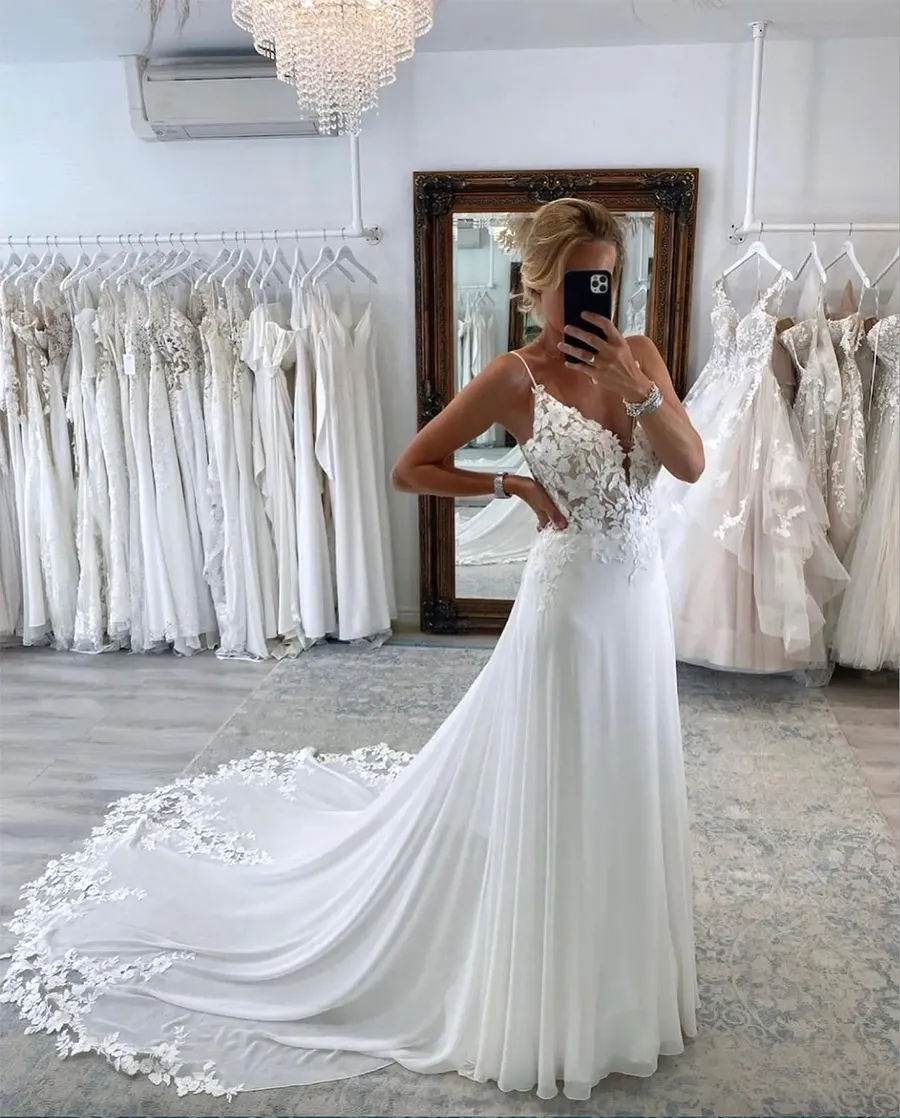sachin and babi light blue dress Lace Applique Chiffon Beach Wedding Dress Floor-Length Spaghetti Straps  Backless Built-in Bra from Dhgate A-Line Wedding Dresses