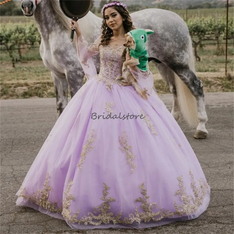 Light Purple Fairy Princess Dress with Fuff Sleeves and V-Neckline, Appliques Lace, Perfect for Purple themed quinceanera, Pageants, Birthdays, Proms,