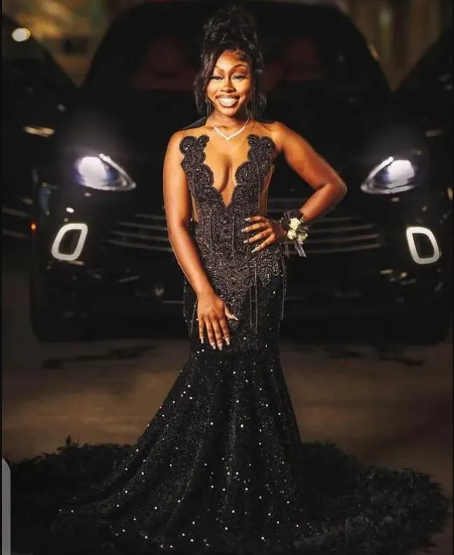 prom dress ideas black Black Prom Dresses Trumpet/Mermaid Strapless Sequins High Splited Prom Dress With Train