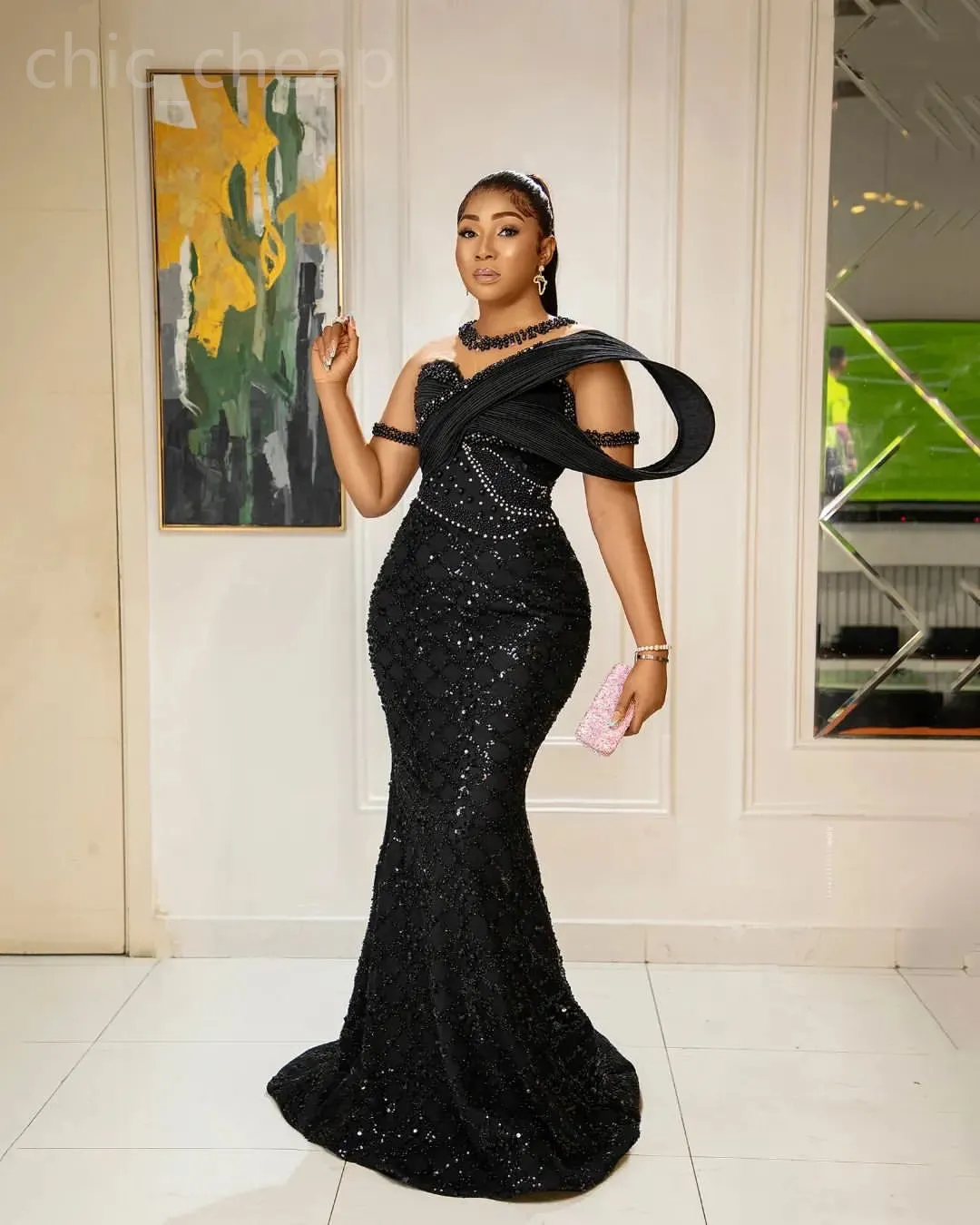 2024 Aso Ebi Black Mermaid Prom Dress Beaded Sheer Neck Evening Formal Party Second Reception 50th Birthday Engagement Gowns Dresses Robe de Soiree