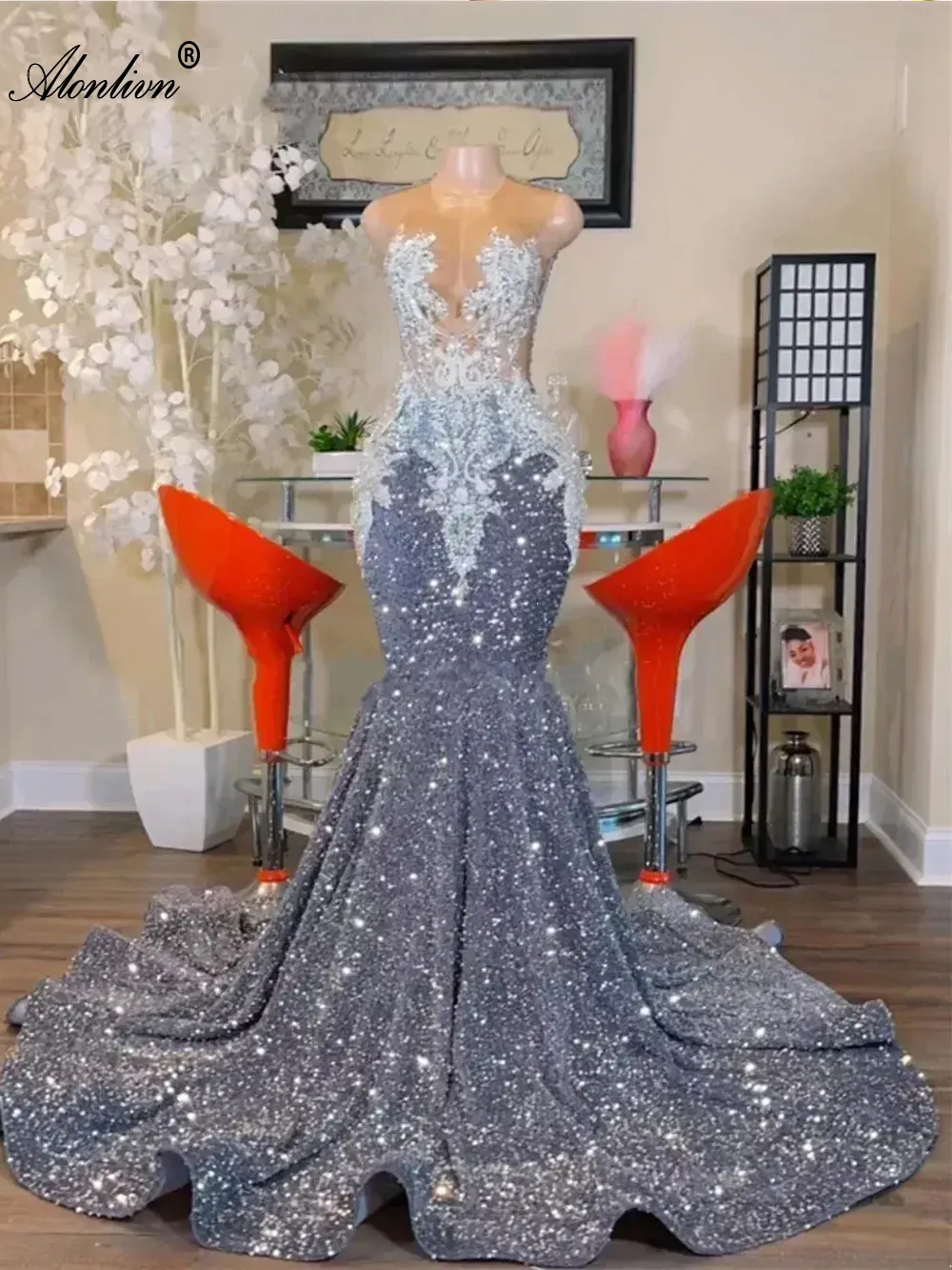 Vestido Lentejuelas Elegante Vestidos Plateados Largos Vestido