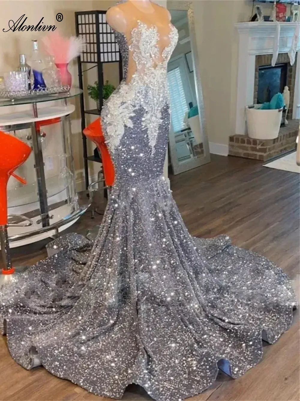 chinese dress ladies Silver Rhinestone Sheer Long Sleeve Glitter Mermaid Prom Gown main image 0