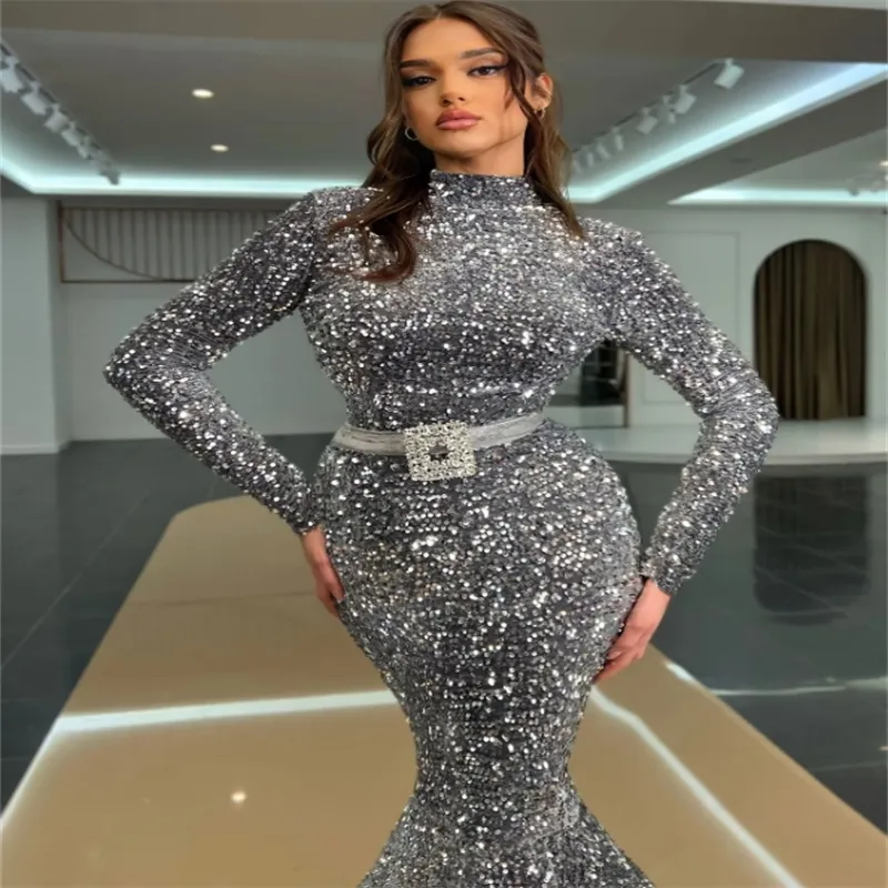Silver Sequin Evening Gown: High Neck Long Sleeve... From Bridalstore, $97.08 | DHgate.Com Silver Sequin Evening Gown: High Neck Long Sleeve... From Bridalstore, $97.08 | DHgate.Com