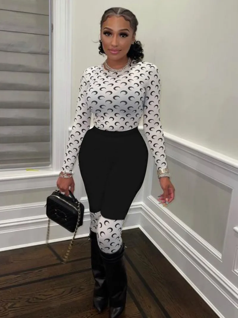 Women's Moon Print Tracksuit Set Spring Fashion Long Sleeve Tee Pants,  Sexy Party Club Outfit, Sporty Chic