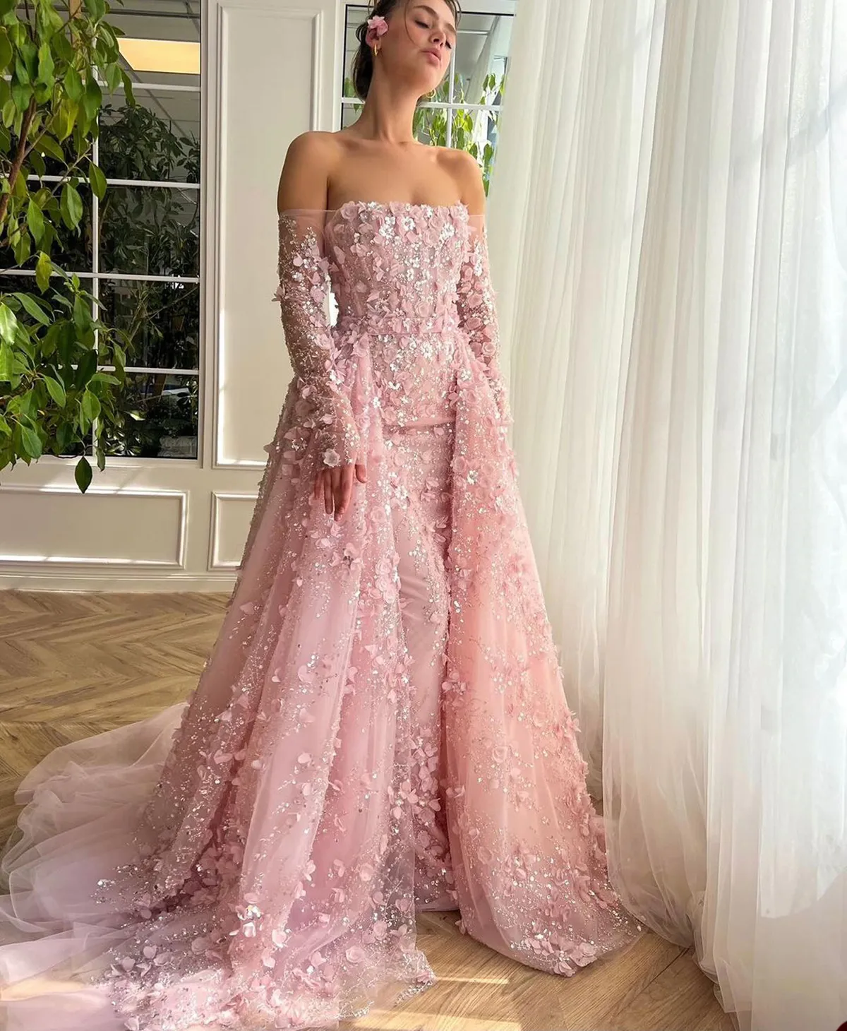 chinese dress ladies Off Shoulder Ruched Bust Mesh Sequin Mermaid Dress – Parthea Fashion main image 1