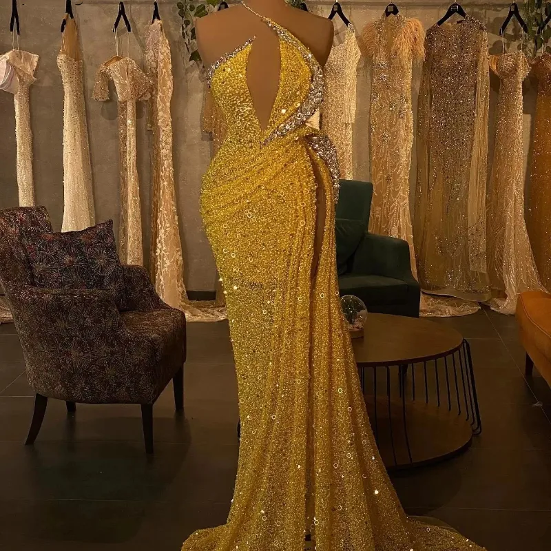 Yellow Sequin Halter Neck Mermaid gold sparkly prom dress with Rhie Detail and High Slit - Style 0213