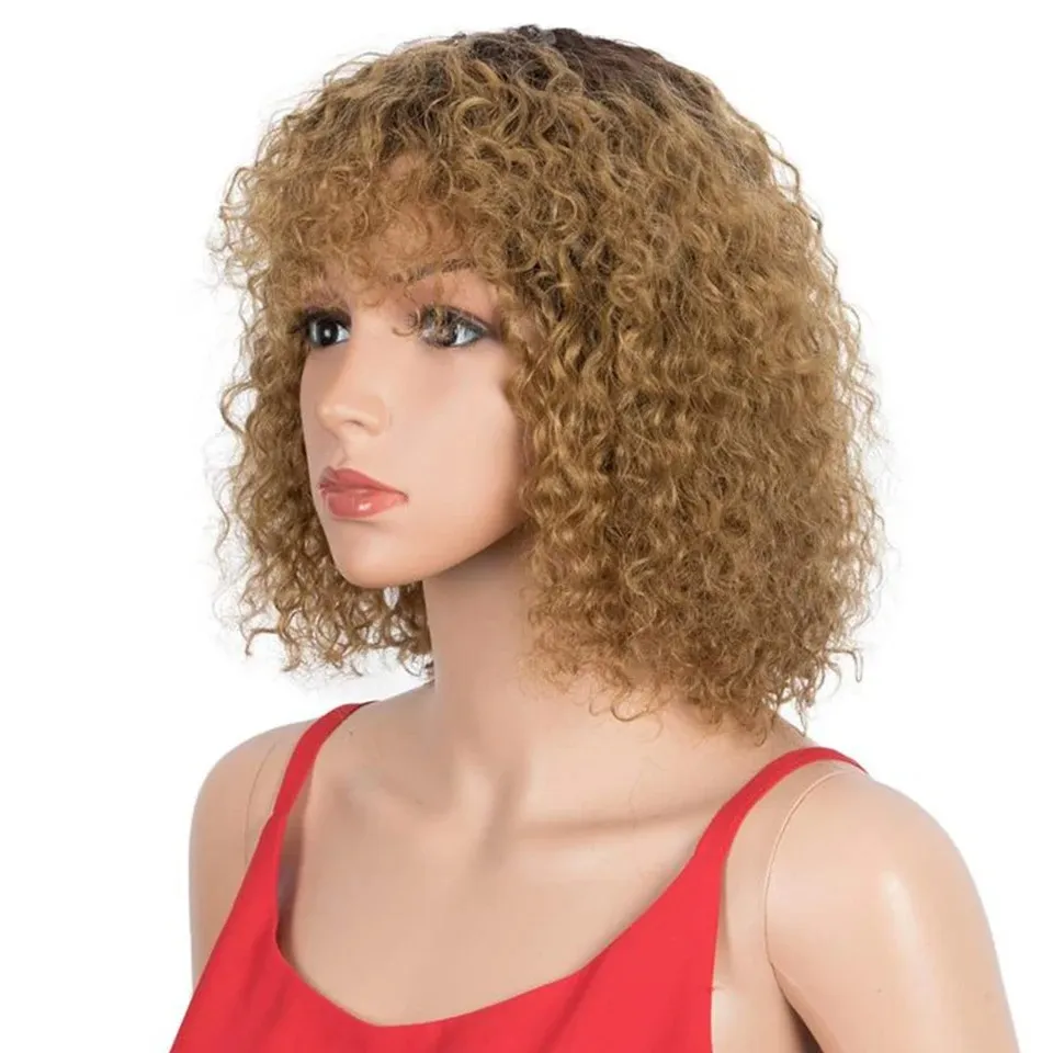 Colored Short Afro Kinky Curly Bob Human Hair Bangs Wig For Women Brazilian Remy Hair Ombre
