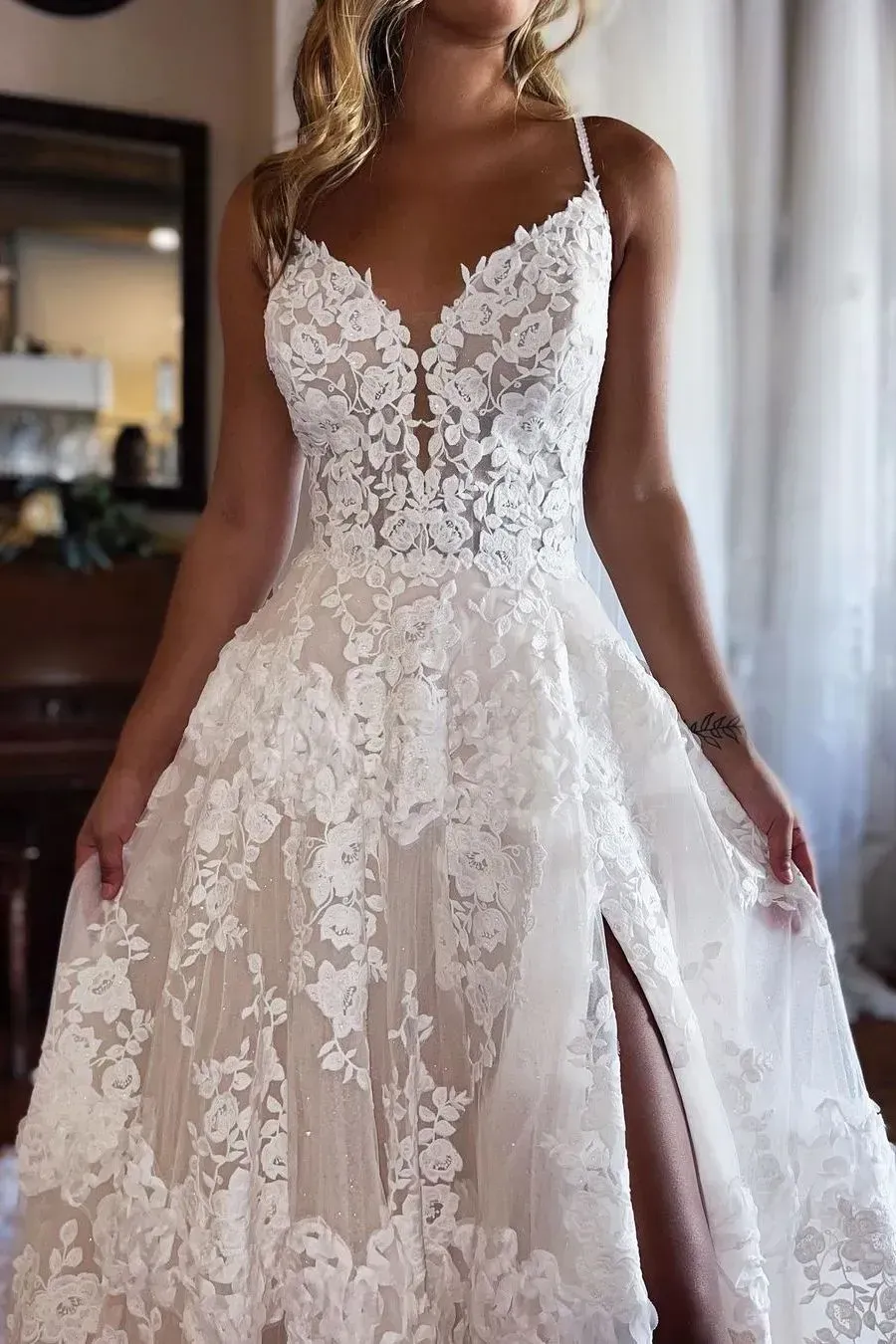 Gorgeous Lace Applique Wedding Dress with Slit with Spaghetti Straps, Sleeveless A-Line Design, Tulle Fabric, Ruched Detailing, Customizable Plus Size