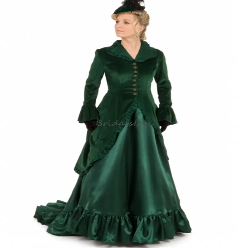Duchess Green Victorian Velvet Victorian evening gown with Long Sleeves and Bustle - Perfect for War, Belle, and Formal Parties in Dubai Abaya Chic