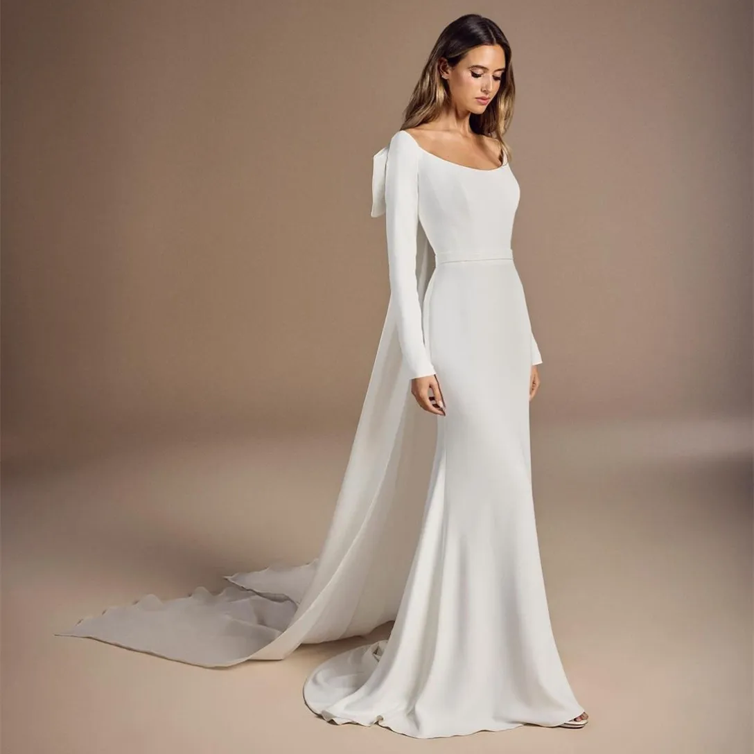 Elegant Long Scoop Crepe Wedding Dresses With Bow Mermaid Ivory