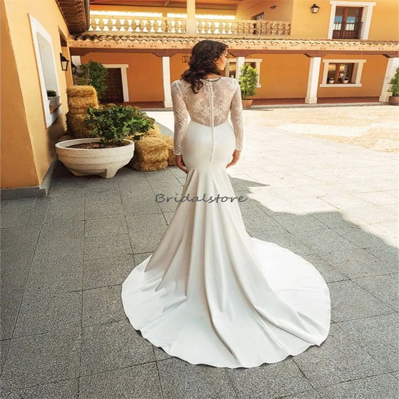 Bohemian Mermaid Crepe Wedding Dress with Satin Fabric, Long Sleeves, and Sweep Train - Minimalistic and Elegant for Beach or Country Weddings - Bohemian Mermaid Crepe Wedding Dress with Satin Fabric, Long Sleeves, and Sweep Train - Minimalistic and Elegant for Beach or Country Weddings -