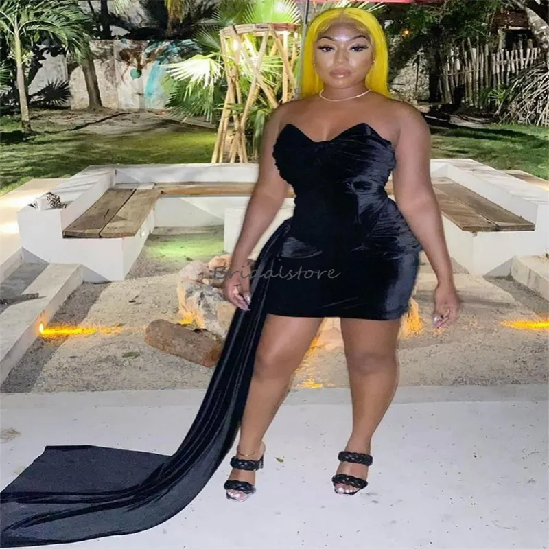 green emerald velvet dress Short Black Velvet Evening Dresses, Black Strapless Velvet Party Dress main image 1