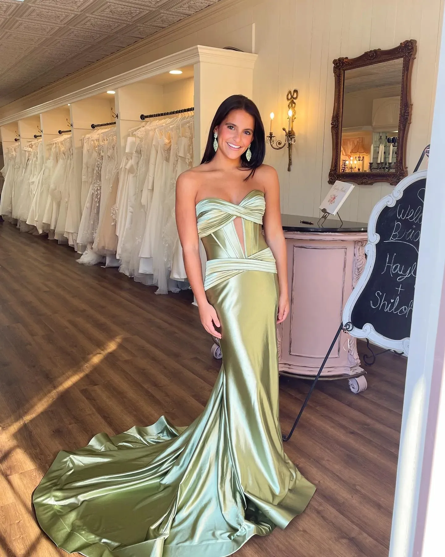 open lace back dress Light Green Strapless Satin Prom Dress with Floral Sequin Bodice and High  Slit – SS090 – Viniodress main image 0