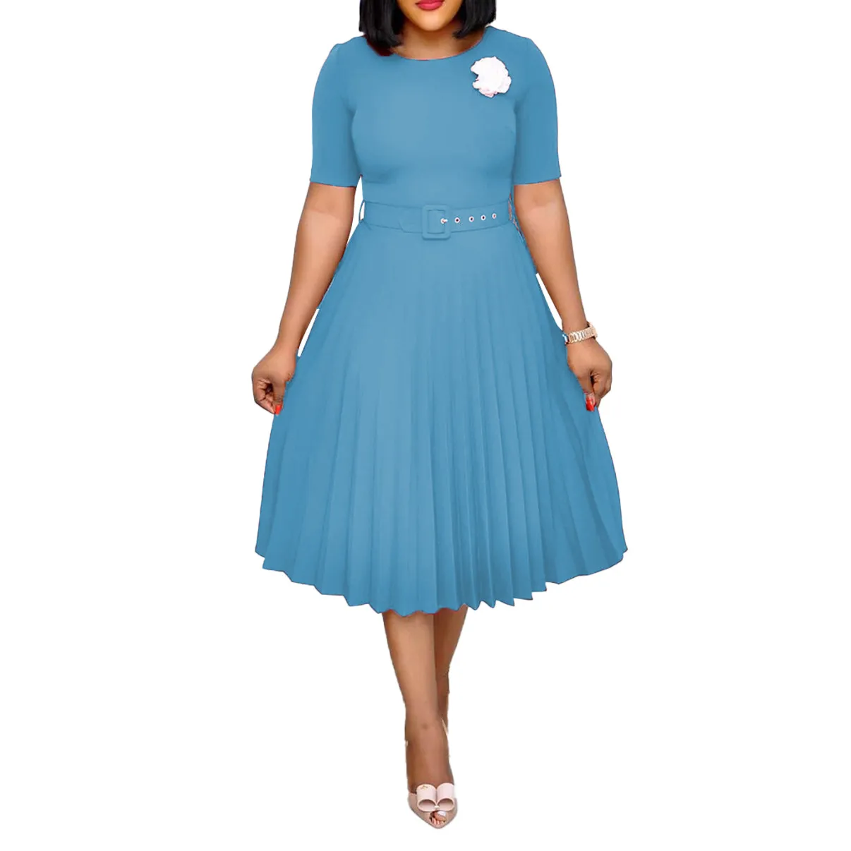 Bodycon Midi Dress Women Casual Empire Waist Pleated Skirt Crew Neck Short  Sleeve Mid-Calf Length from Dhgate Basic & Casual Dresses - price 36.1
