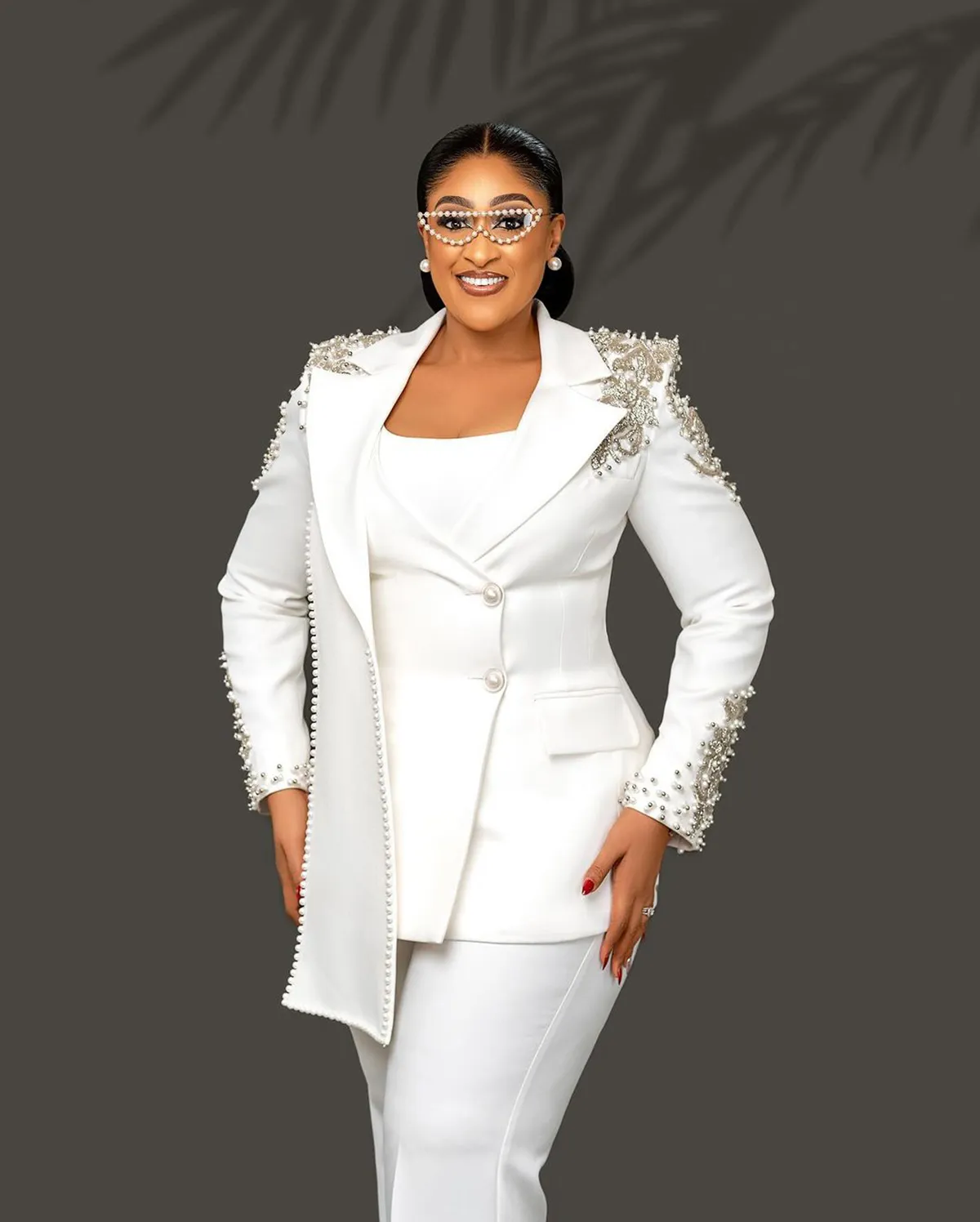 Unique Design Beads Women Pants Suits White Wedding Blazer Jacket