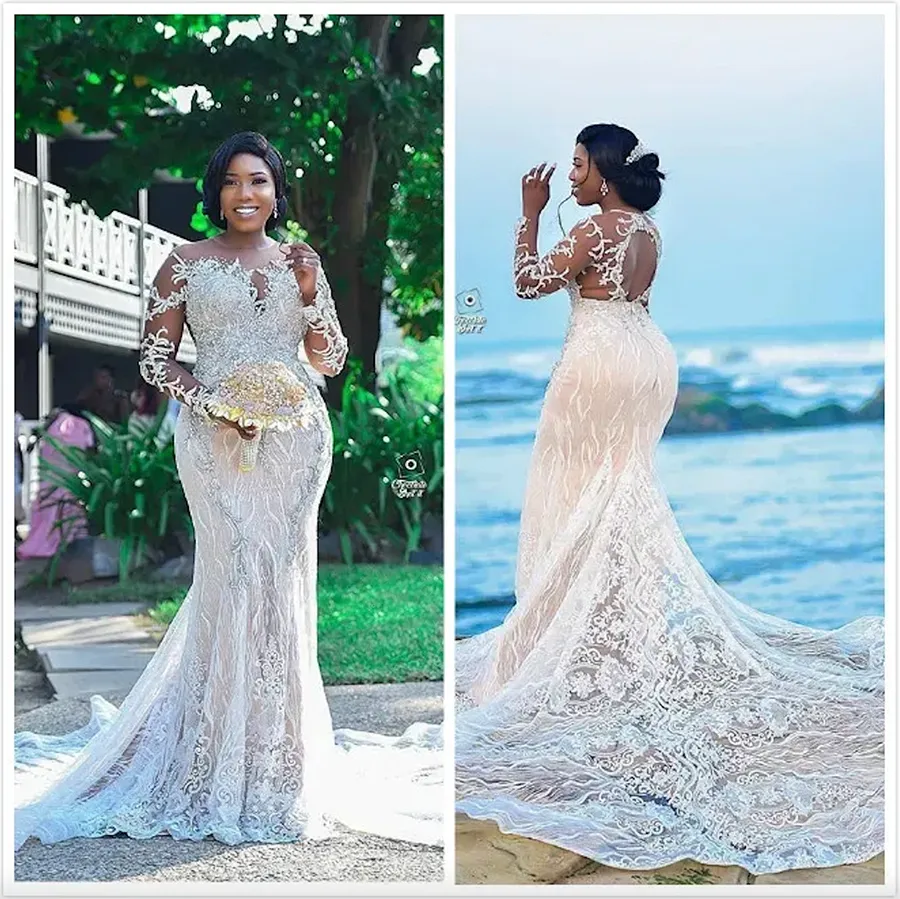 Long sleeve lace beaded wedding dress discount