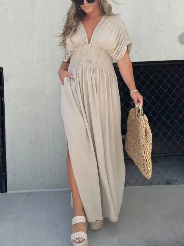 V-Neck Ruched Maxi Dress with Slit for Women - Loose Fit, Short Sleeves, Elastic Waist, Side Slit