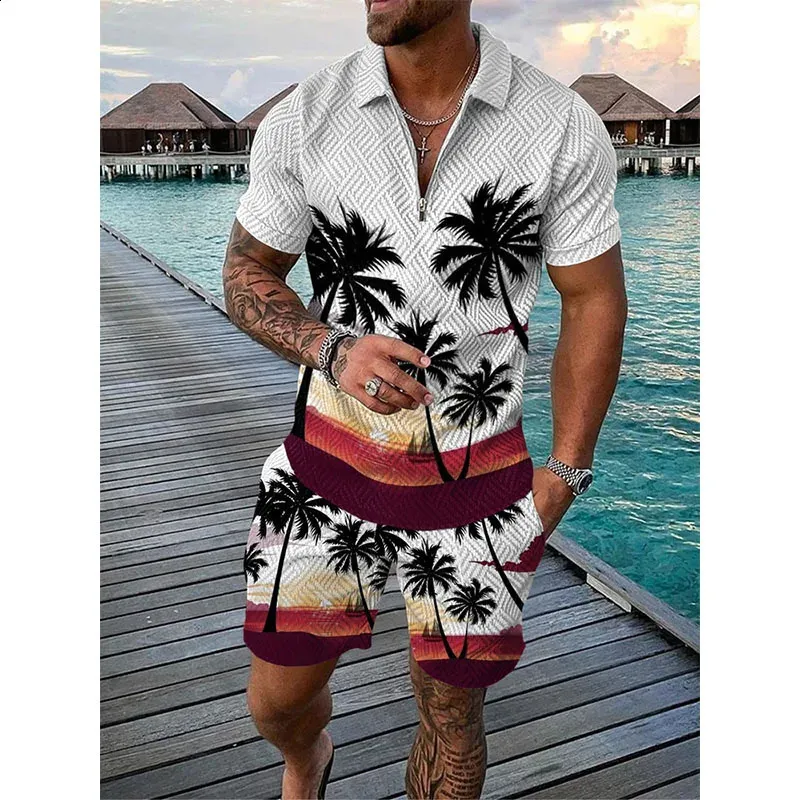Hawaiian Beach Polo Shirt Shorts Set for Men 2 Piece Oversized Short Sleeve Shirt Pants Set Casual Summer Clothing for Men