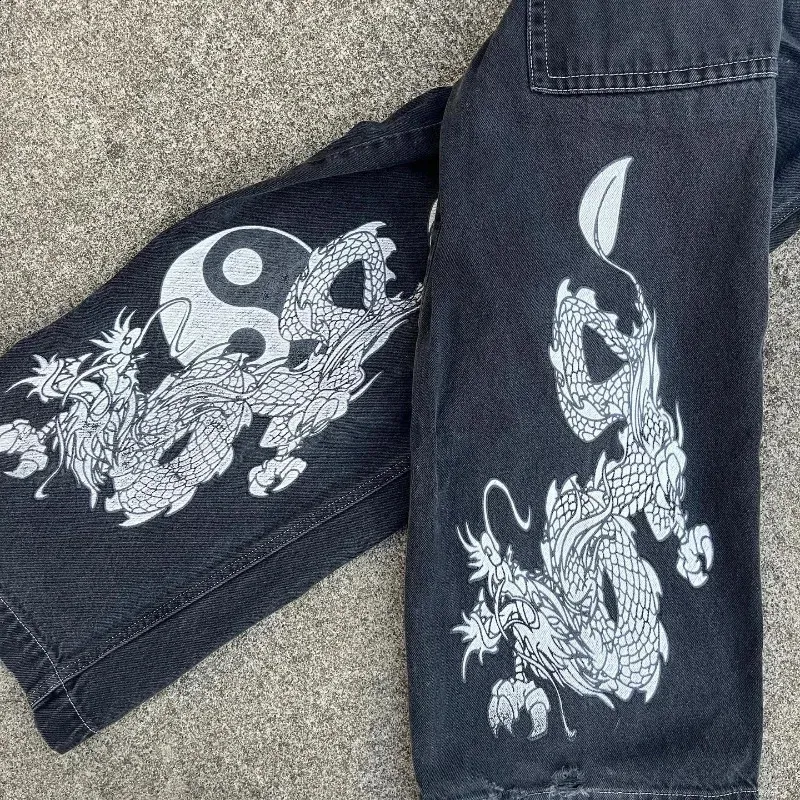 Y2K Dragon Jeans - Vintage Baggy Wide Leg Denim for Men