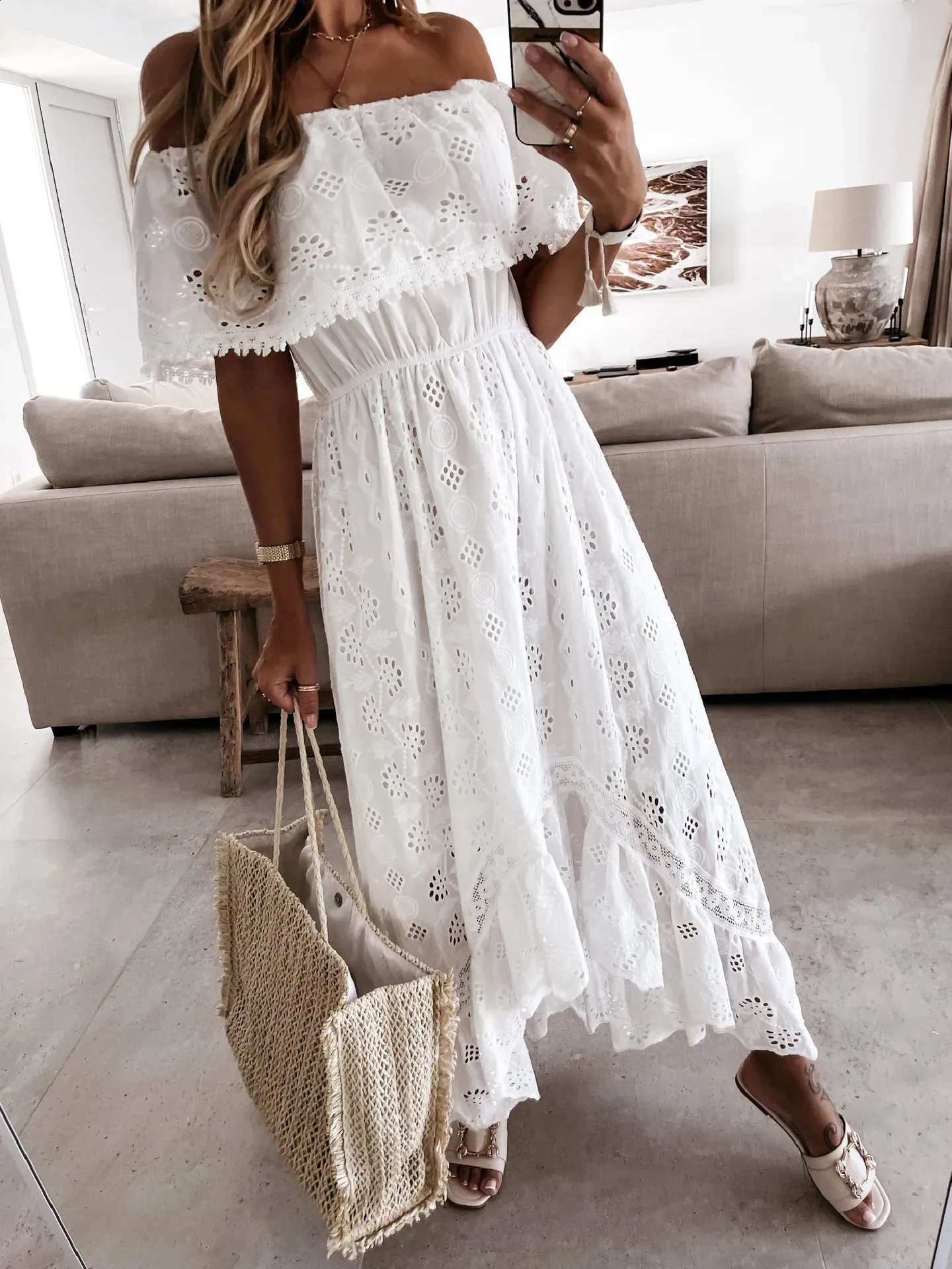 White Boho Maxi Dress: Summer White Dress For Women, Trendy