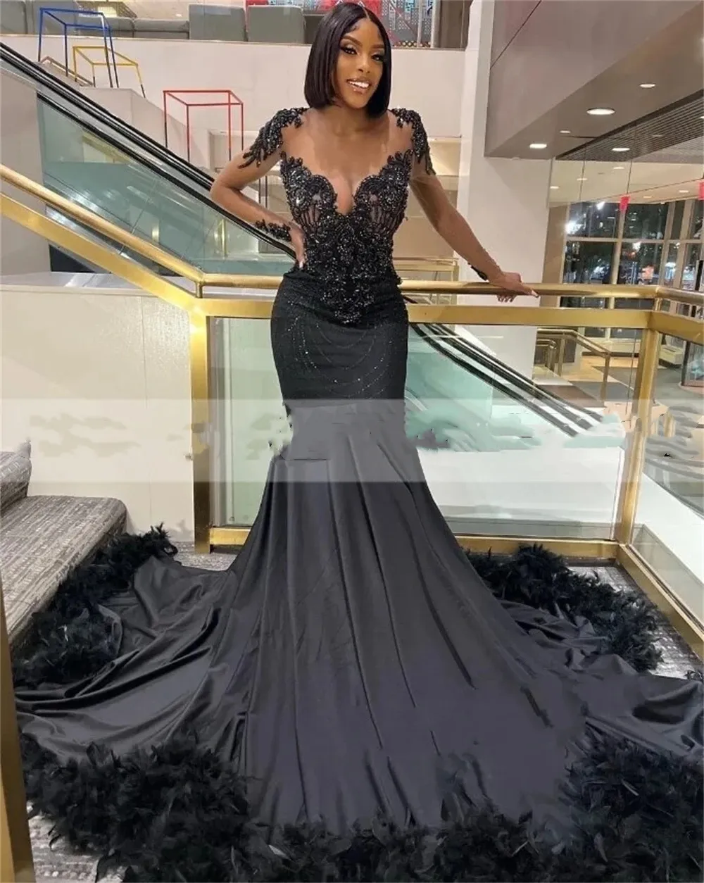 2024 Elegant Black Mermaid Black Mermaid Prom Dress with Sexy Feathers and Rainstones for Women - Perfect for Birthday Parties and See-Through Gowns