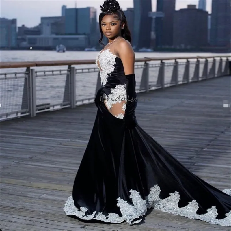 Glam Black Velvet Mermaid Prom Dresses 2024 Appliques Formal Evening Gowns