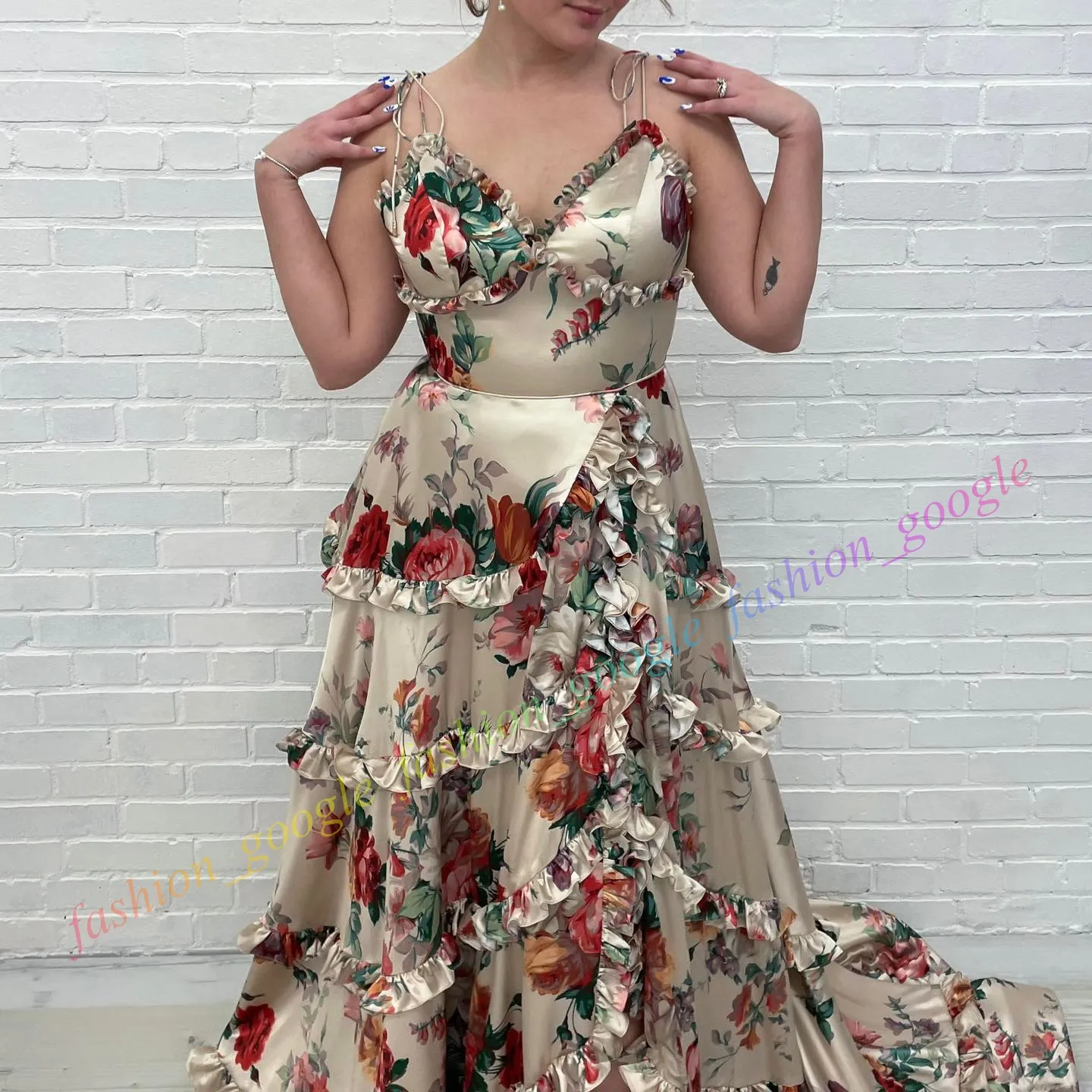 Champagne Floral Ruffle City Studio Prom Dress with Black Tie, Open V-Back and Slit - Perfect for Pageants, Formal Evening Events, Galas, Homecoming,