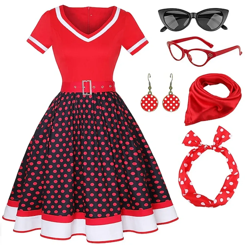 1950s Vintage Inspired Cotton Blend Flare Dress with Polka Dot Pattern and  V-Neck Collar from Dhgate Basic & Casual Dresses - price 19.07