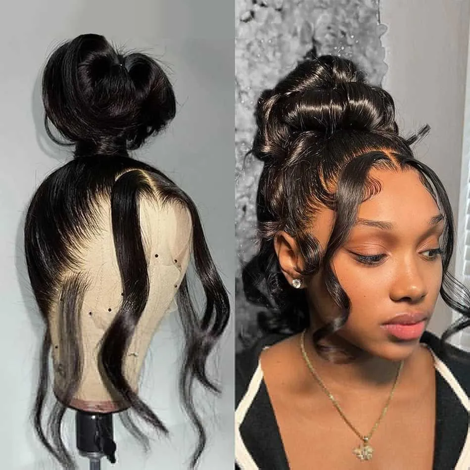 Synthetic Long Body Wave 360 Lace Front Wigs with High Ponytail: 250  Density Transparent HD Lace Human Hair Wigs for Women