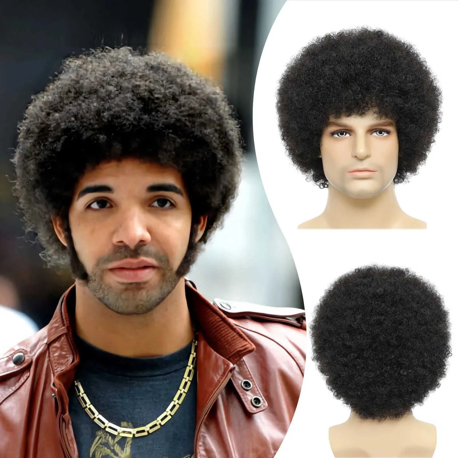 DHgate Synthetic Afro Kinky Curly Wigs for Black Men Natural Color High Temperature Fiber Wigs Hair Products