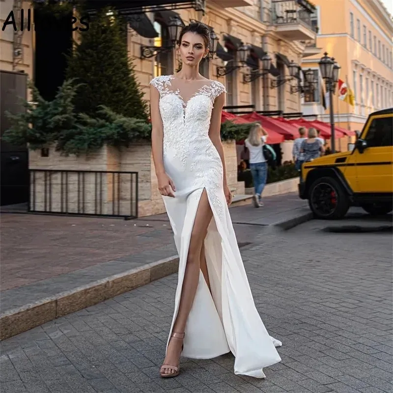 lace cap sleeve mermaid wedding dress Mermaid Cap Sleeve V Neck Satin Wedding Dress With Lace Appliques US0 / As Picture