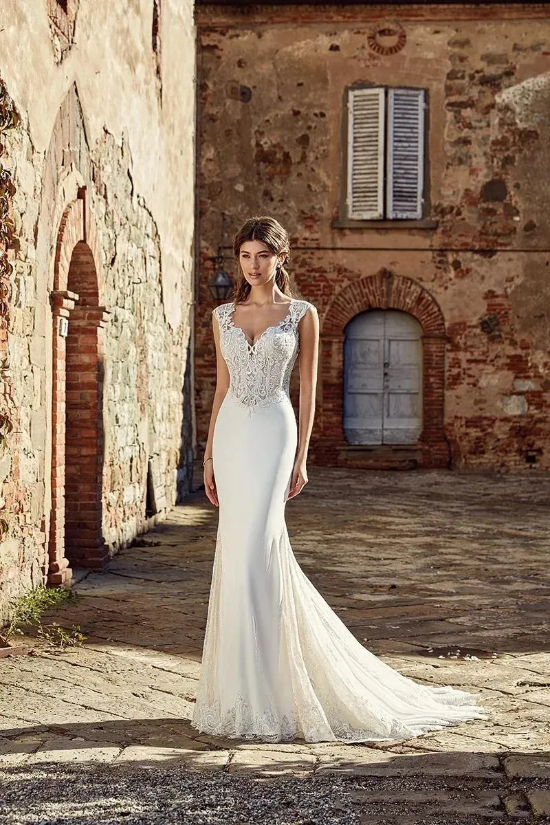 Ivory Satin Mermaid Lace Mermaid Wedding Dress with Lace Detailing, Elegant Button Back, and Sweep Train - Perfect for Boho Garden Weddings, Second